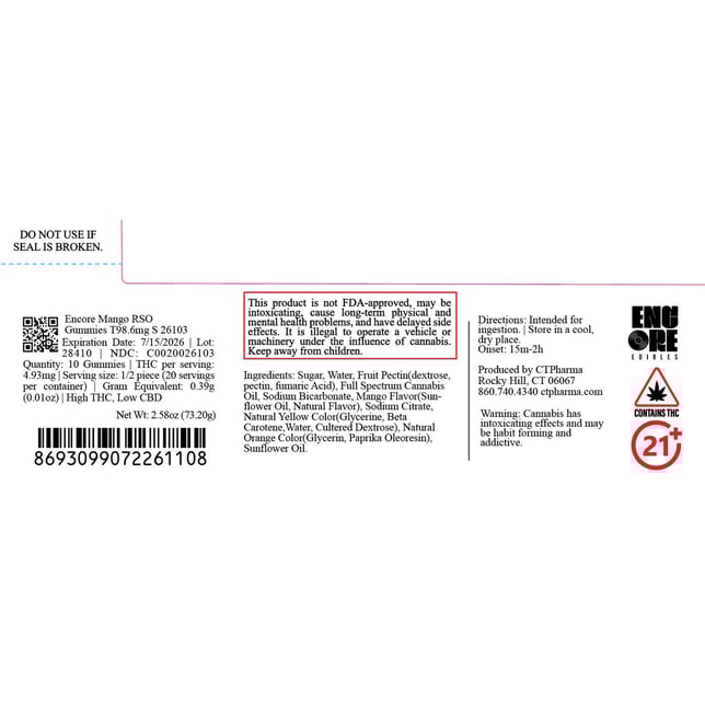 Encore - Sour Mandarin (I) Gummies (9.82mg THC 10.24mg CBD 10pk) C0020025917 - Image 3