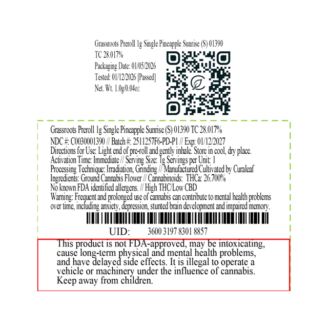 Grassroots - Pineapple Sunrise (S) 1g Pre-Roll 1pk (1g) C0030001465 - Image 2
