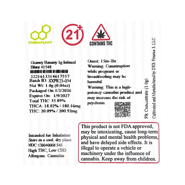 Theraplant - Granny Banany (S) Infused Blunt 1pk (1g) C0040001548 - Image 2