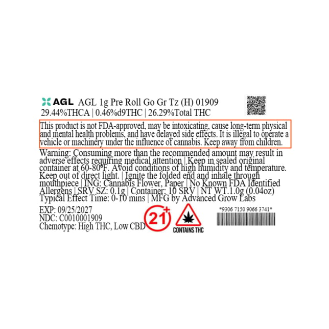 AGL - Go Gr Tz (H) 1g Pre-Roll 1pk (1g) C0010001909 - Image 3