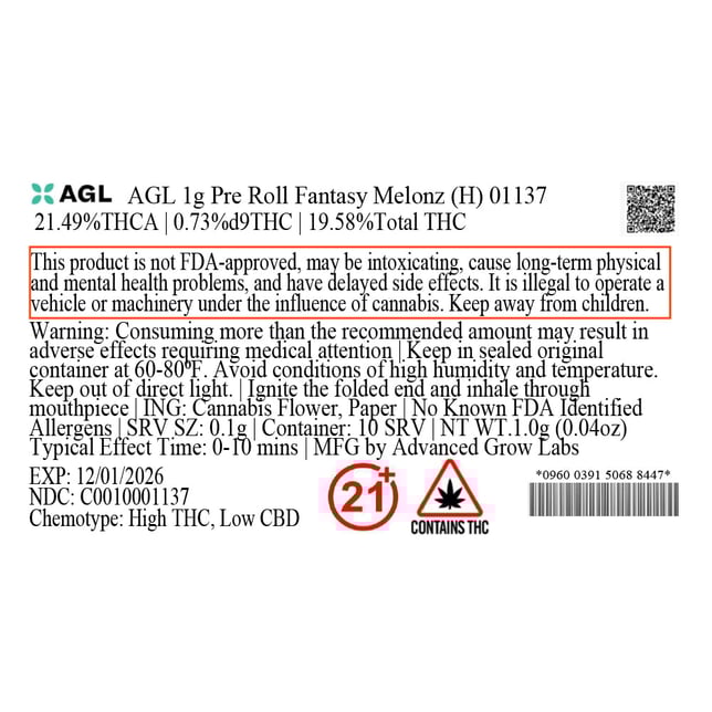 AGL - Fantasy Melonz (H) 1g Pre-Roll 1pk (1g) C0010001137 - Image 3