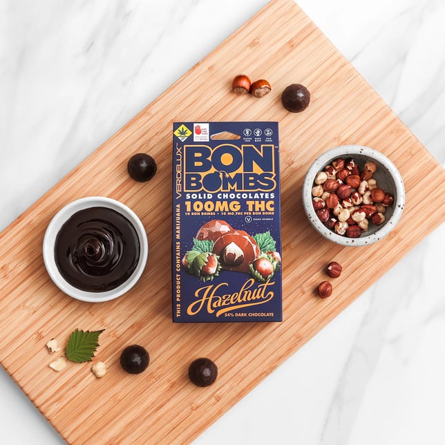 Chocolate BON BOMBS Hazelnut Dark (DOHC) Edibles - 10pk 100mg THC - Image 2 Chocolate BON BOMBS Hazelnut Dark (DOHC) Edibles - 10pk 100mg THC - Image 2
