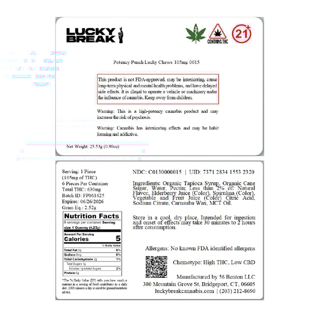 Lucky Break - Potency Punch (H) Lucky Chews (105mg 6pk) C0130000015 - Image 2