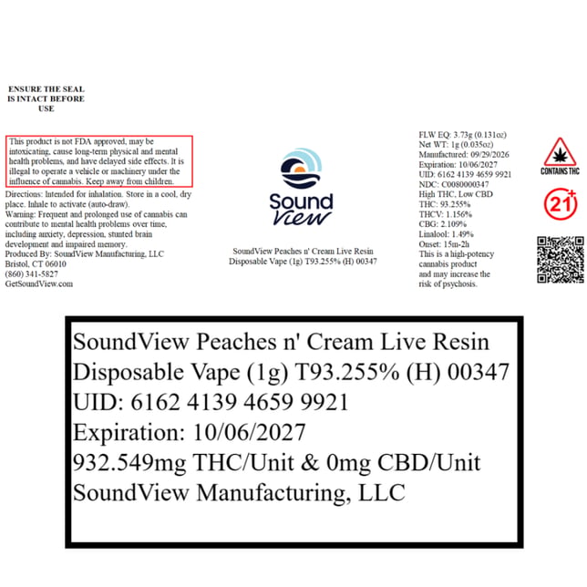 SoundView - Peaches n' Cream (H) Live Resin Disposable Vape (1g) C0080000347 - Image 2