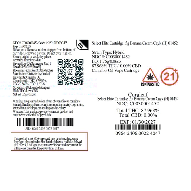 Select  Banana Cream Cayk (H) Elite Vape Cartridge  C0030001452 - Image 3