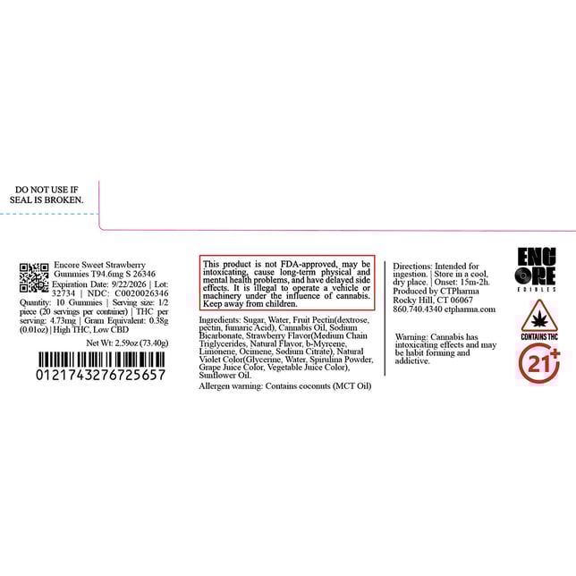 Encore - Sweet Strawberry (S) Gummies (9.46mg 10pk) C0020026346 - Image 2 Encore - Sweet Strawberry (S) Gummies (9.46mg 10pk) C0020026346 - Image 2