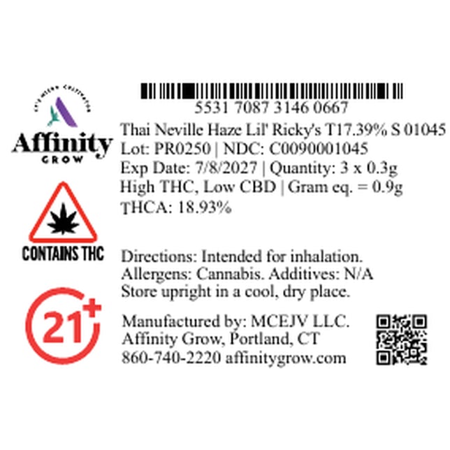 Affinity Grow - Thai Neville Haze (S) Lil' Ricky 0.3g Pre-Rolls 3pk (0.9g) C0090001045 - Image 2