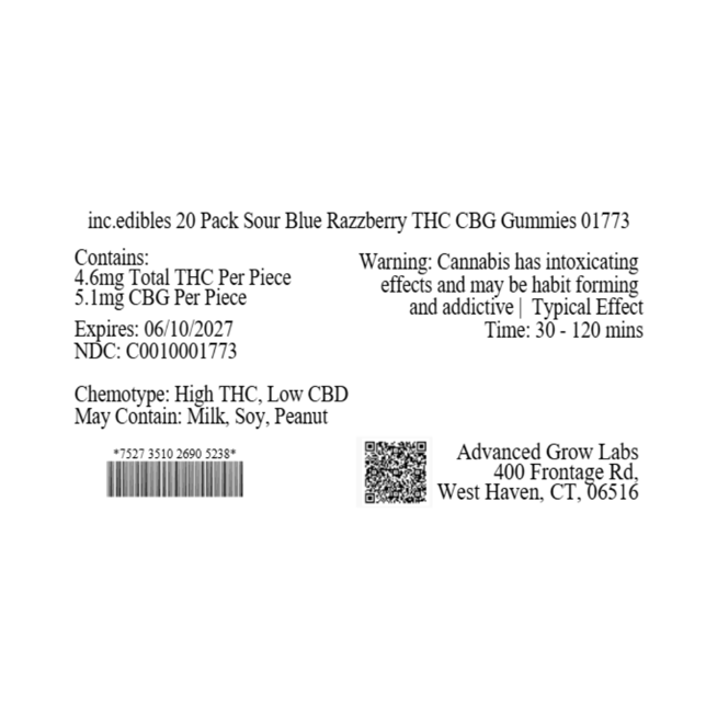 inc.edibles - Sour Blue Razzberry (H) Gummies (4.6mg THC 5.1mg CBG 20pk) C0010001773 - Image 3