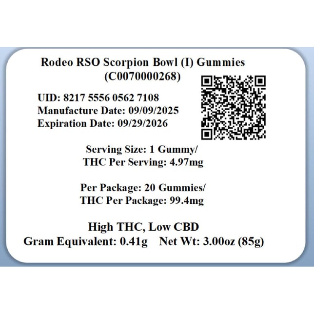 Rodeo Cannabis - Scorpion Bowl (I) RSO Gummies (4.97mg 20pk) C0070000268 - Image 2