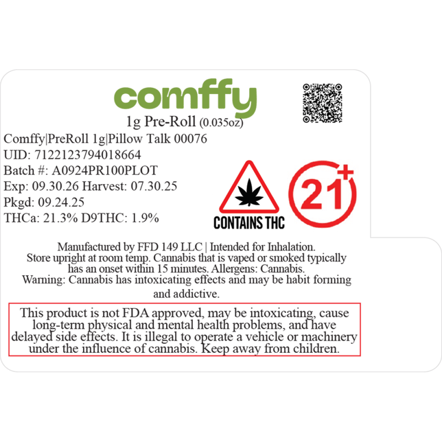 Comffy - Pillow Talk (I) 1g Pre-Roll 1pk (1g) C0140000076 - Image 2 Comffy - Pillow Talk (I) 1g Pre-Roll 1pk (1g) C0140000076 - Image 2