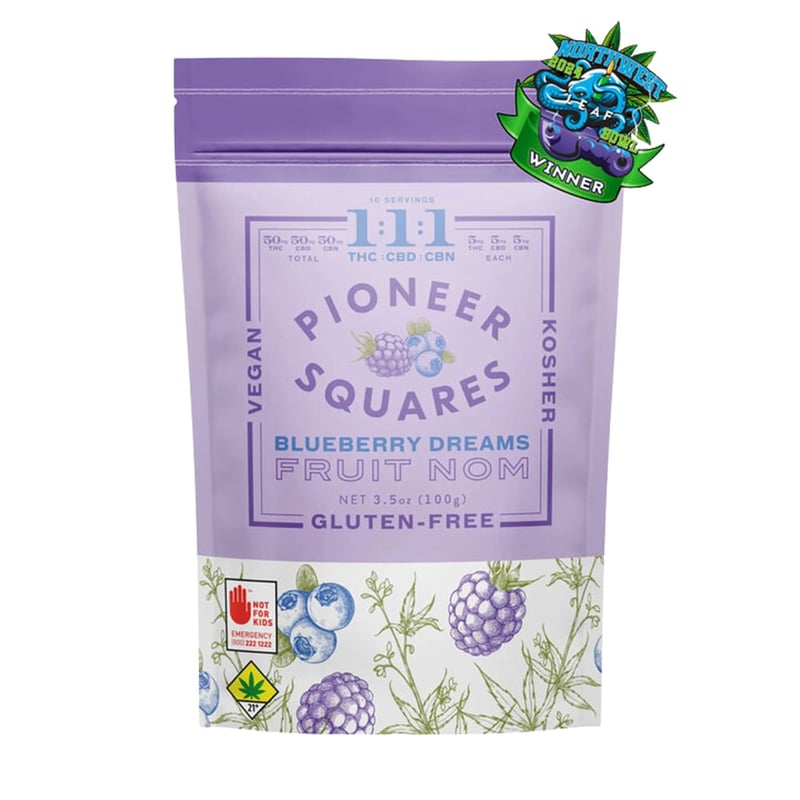 Pioneer Squares Blueberry Dreams gummies balanced THC CBD CBN edible for gentle relaxing experience