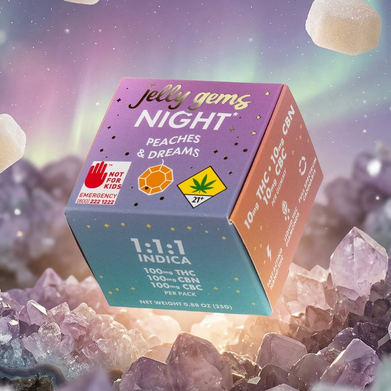 Jelly Gems Peaches Dreams gummies balanced THC CBN CBC edible for calm controlled dosing