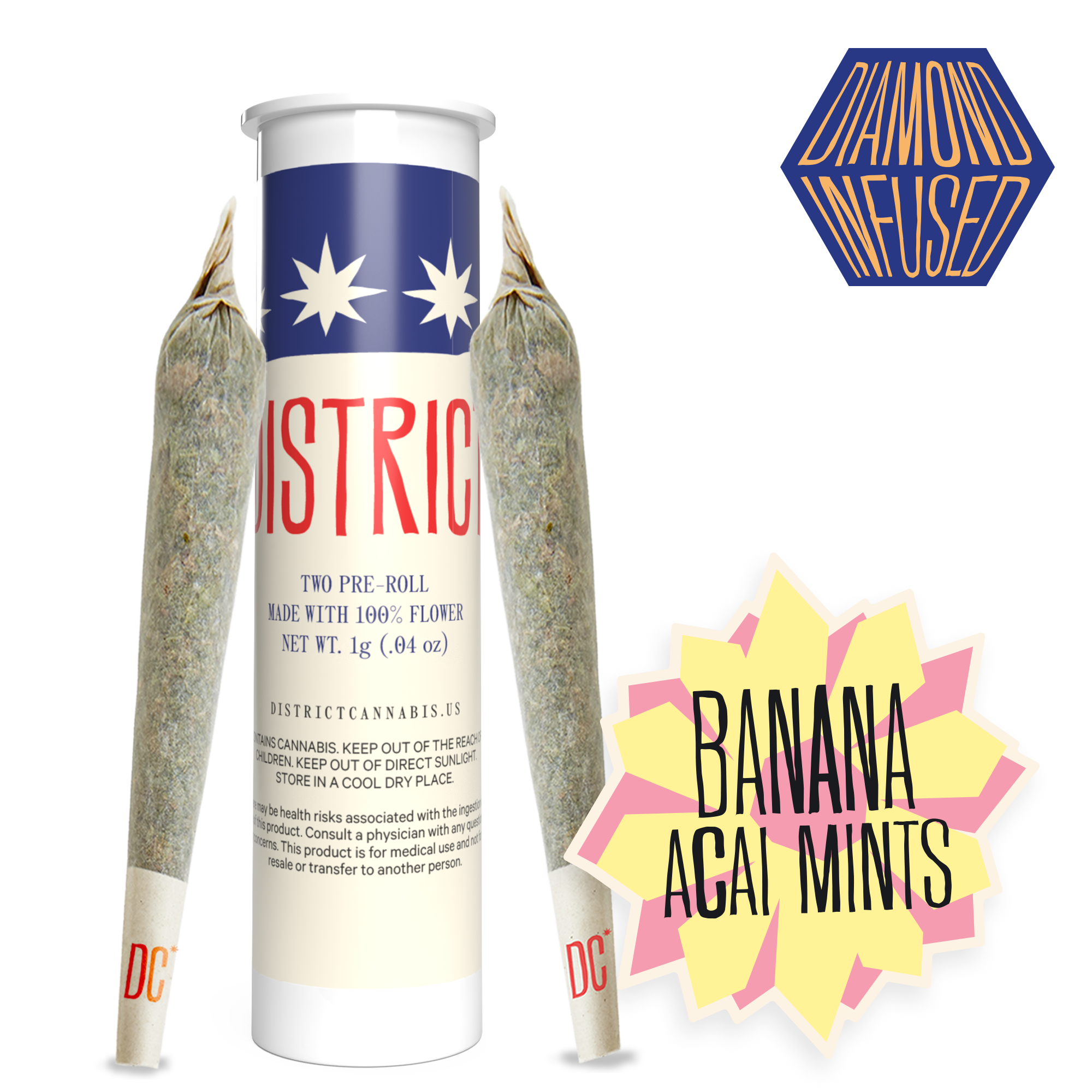 DISTRICT CANNABIS - BANANA ACAI MINTS - DIAMOND INFUSED PREROLL - [0.9G] - 2PK - HYBRID