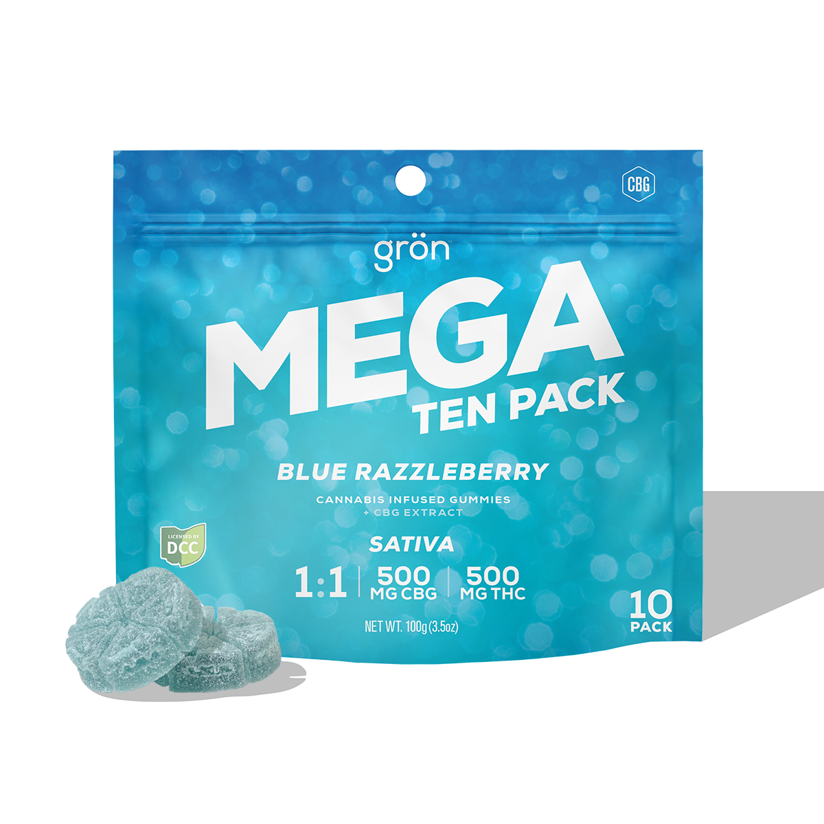 GRON - BLUE RAZZLEBERRY MEGA 1:1 - GUMMIES - [500MG THC / 500MG CBG] - 10PK - SATIVA