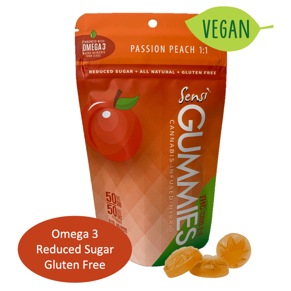Sensi Gummies Passion Peach 11 Vegan, Low Sugar (50mg CBD/50mg THC