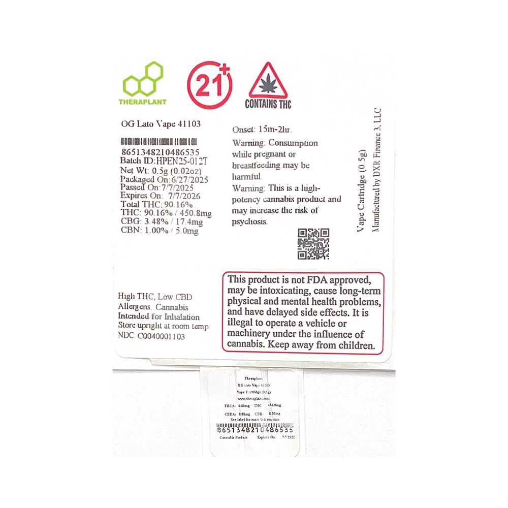Shop TP Cartridge OG Lato T451 H 01103 | Venu Flower Collective Dispensary  Middletown, CT