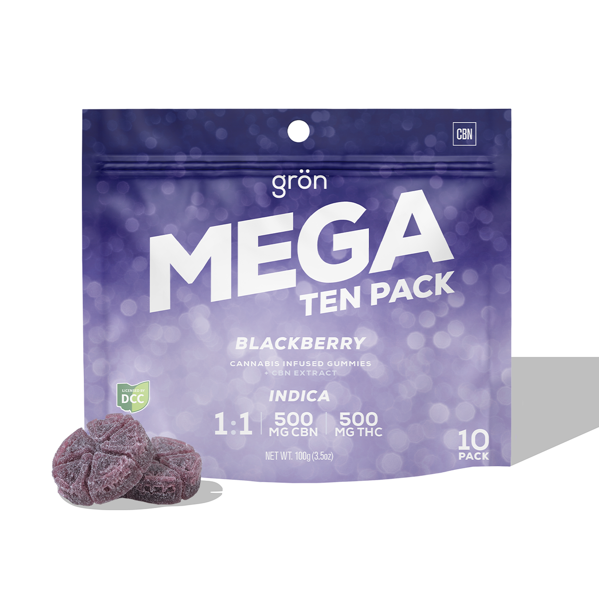 GRON - BLACKBERRY MEGA 1:1 - GUMMIES - [500MG THC / 500MG CBN] - 10PK - INDICA