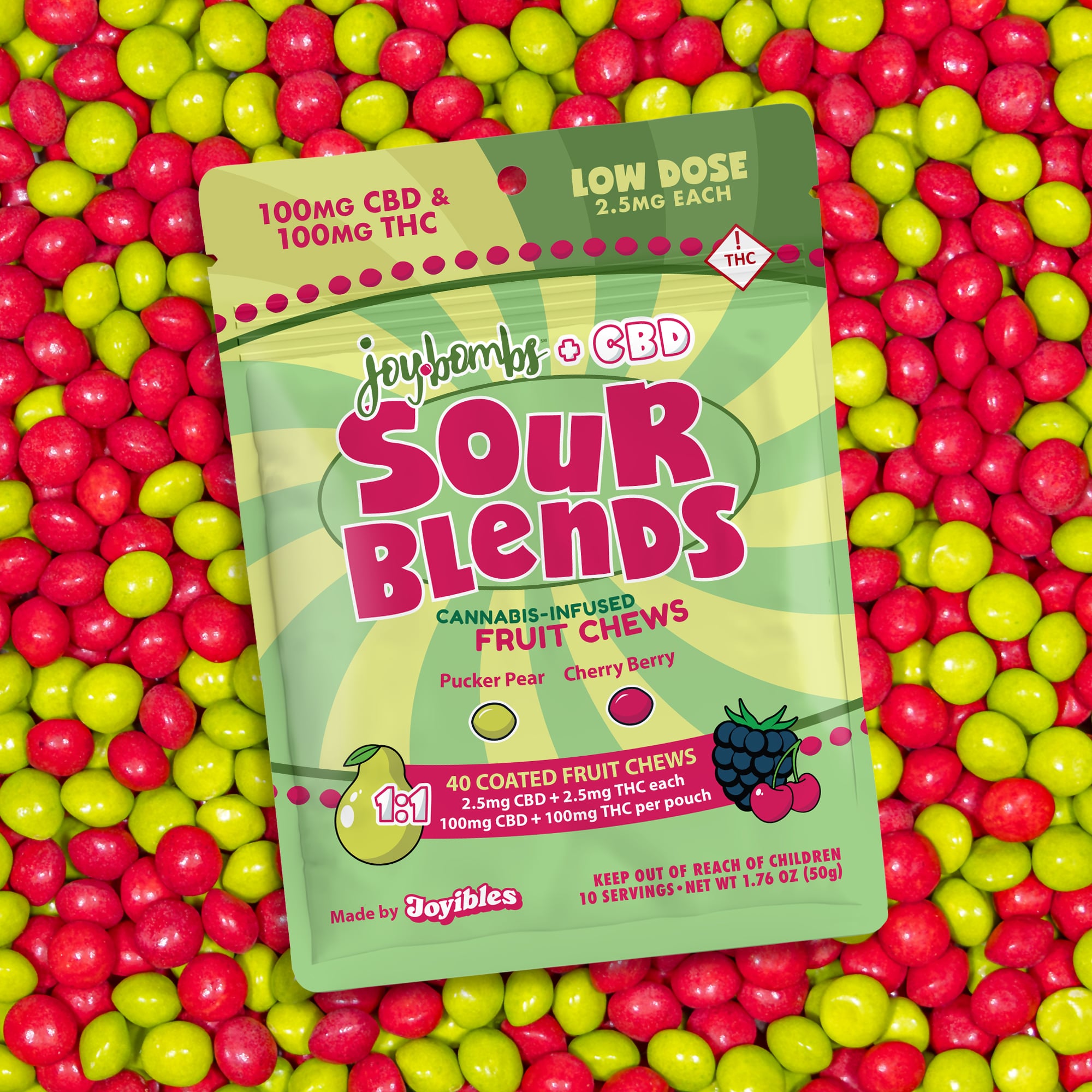 Joybombs Sour Blend 1:1 THC:CBD (H) 100mg 40ct
