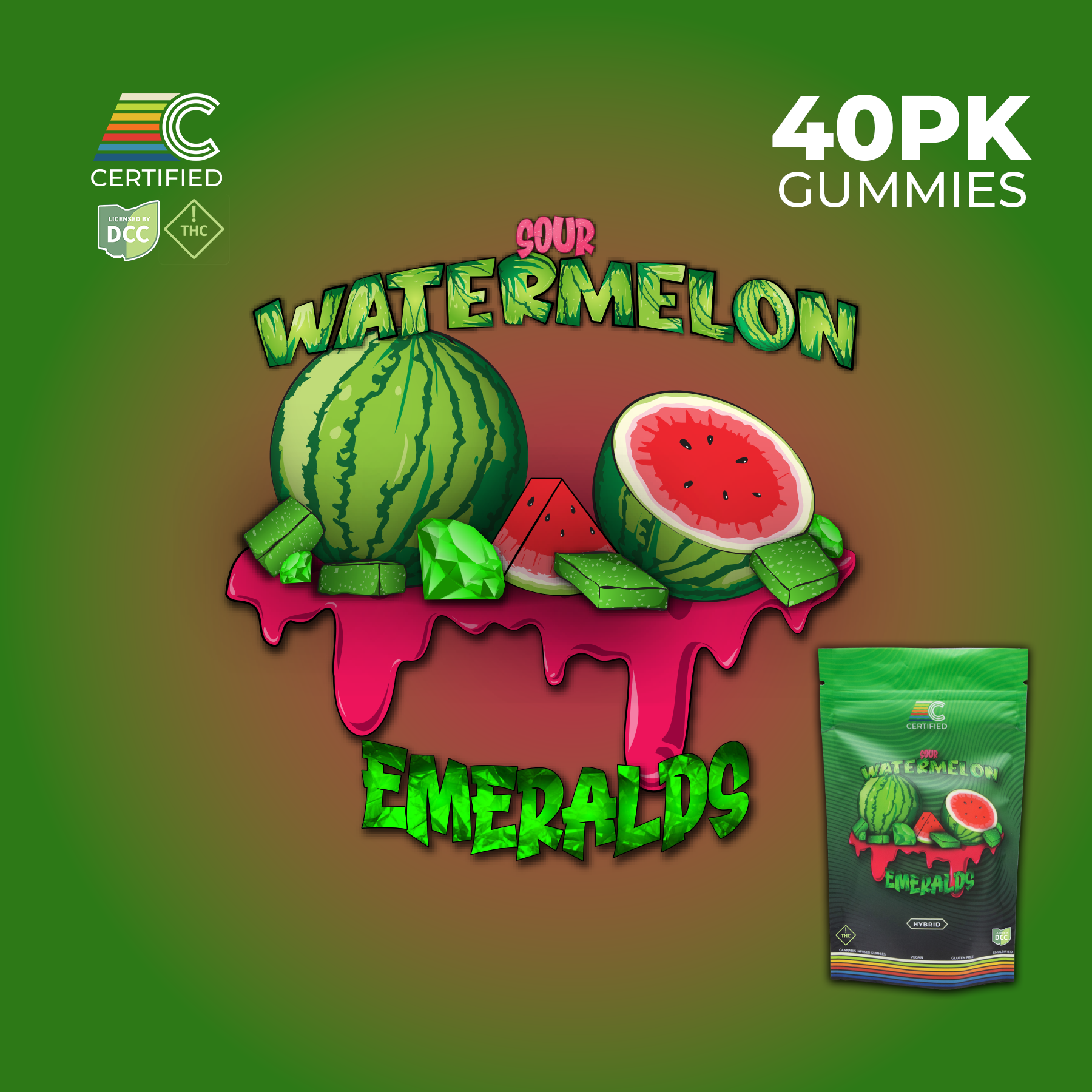 CERTIFIED CULTIVATORS - SOUR WATERMELON EMERALDS - GUMMIES - [400MG] - 40PK