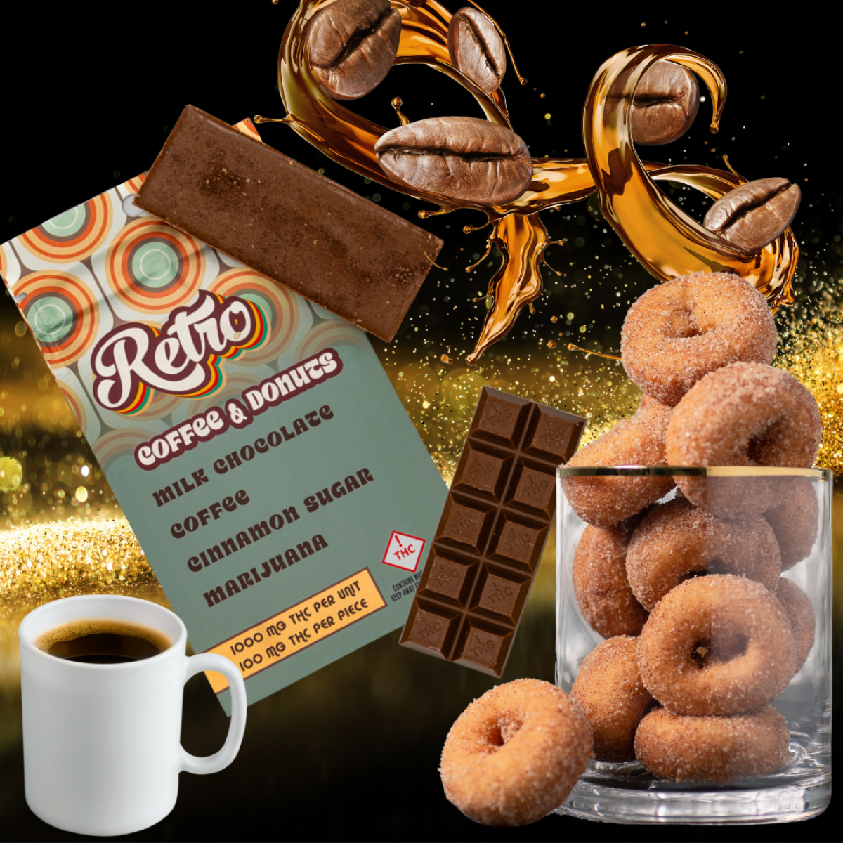 Coffee & Donuts - Milk Chocolate. Coffee. Cinnamon Sugar. Marijuana - 1000mg THC