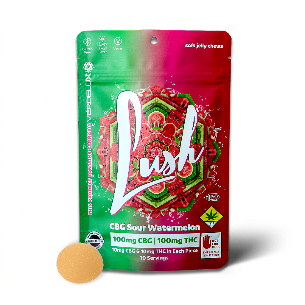 Gummies Lush Sour Watermelon 1:1 (DOHC) Edibles - 10pk 100mg CBG | 100mg THC