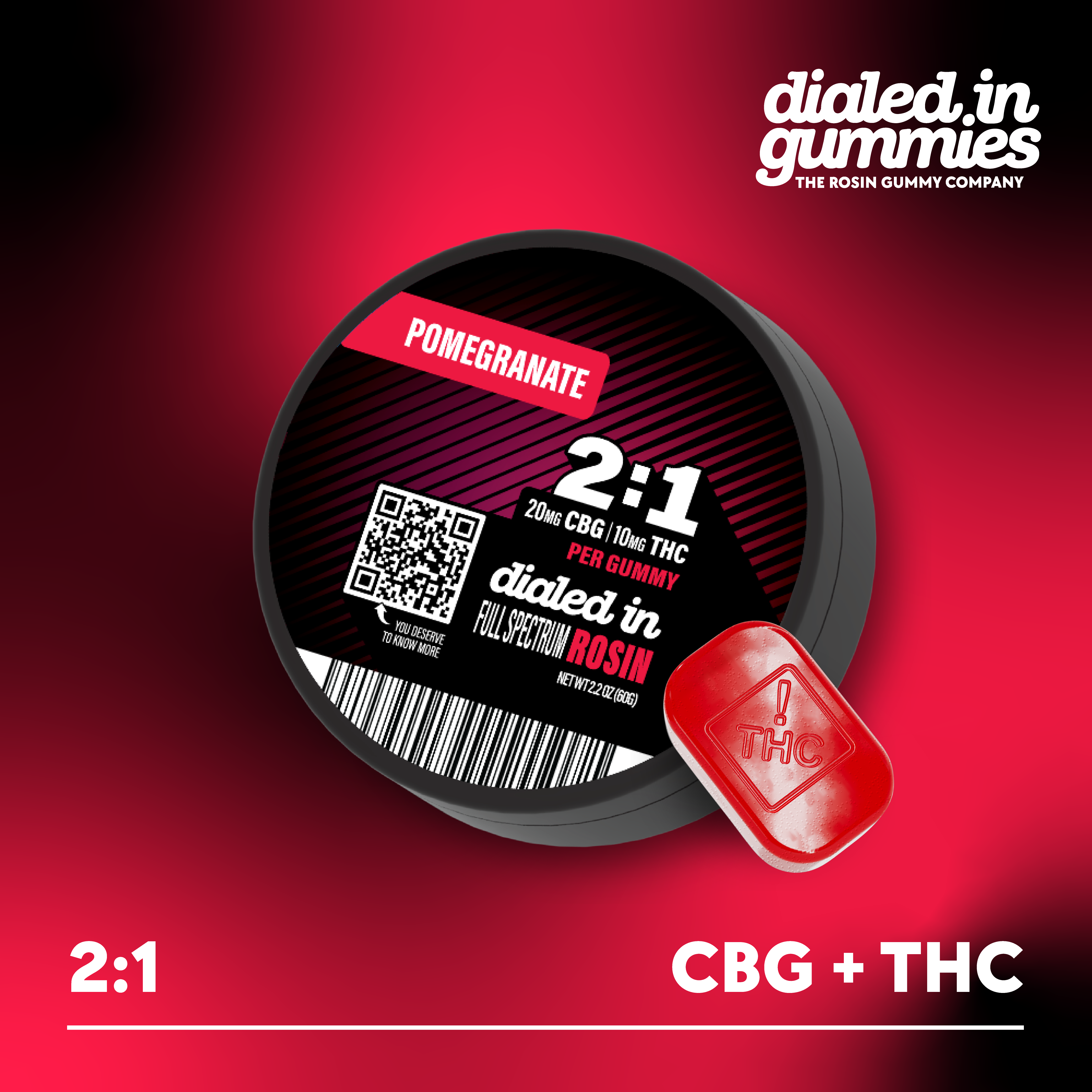 Dialed in | Gummies | 2:1 CBG | 200mg CBG : 100mg THC | Pomegranate
