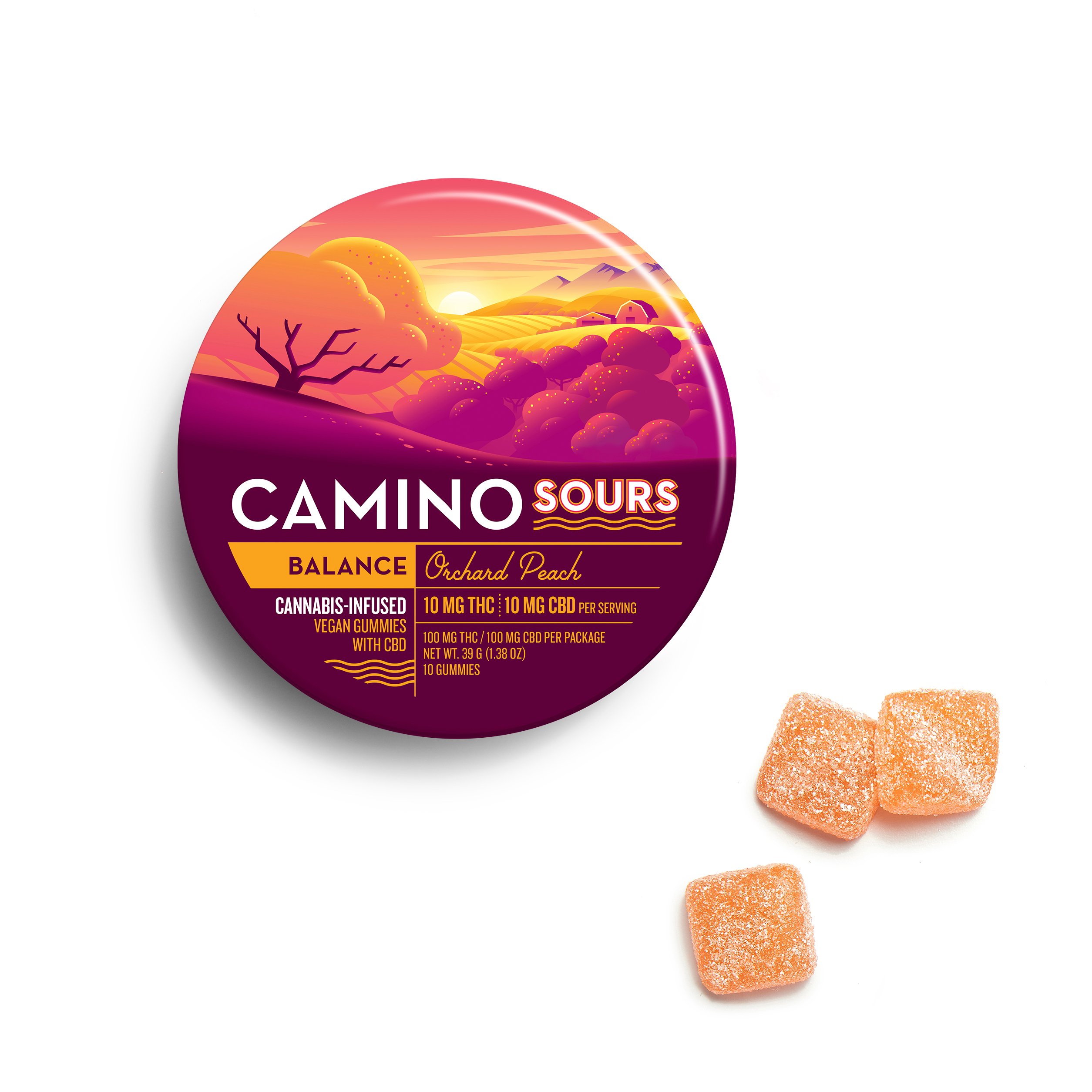 10mg : 10mg CBD Camino Sours 'Balance' Orchard Peach Gummies 100mg THC | 100mg CBD total