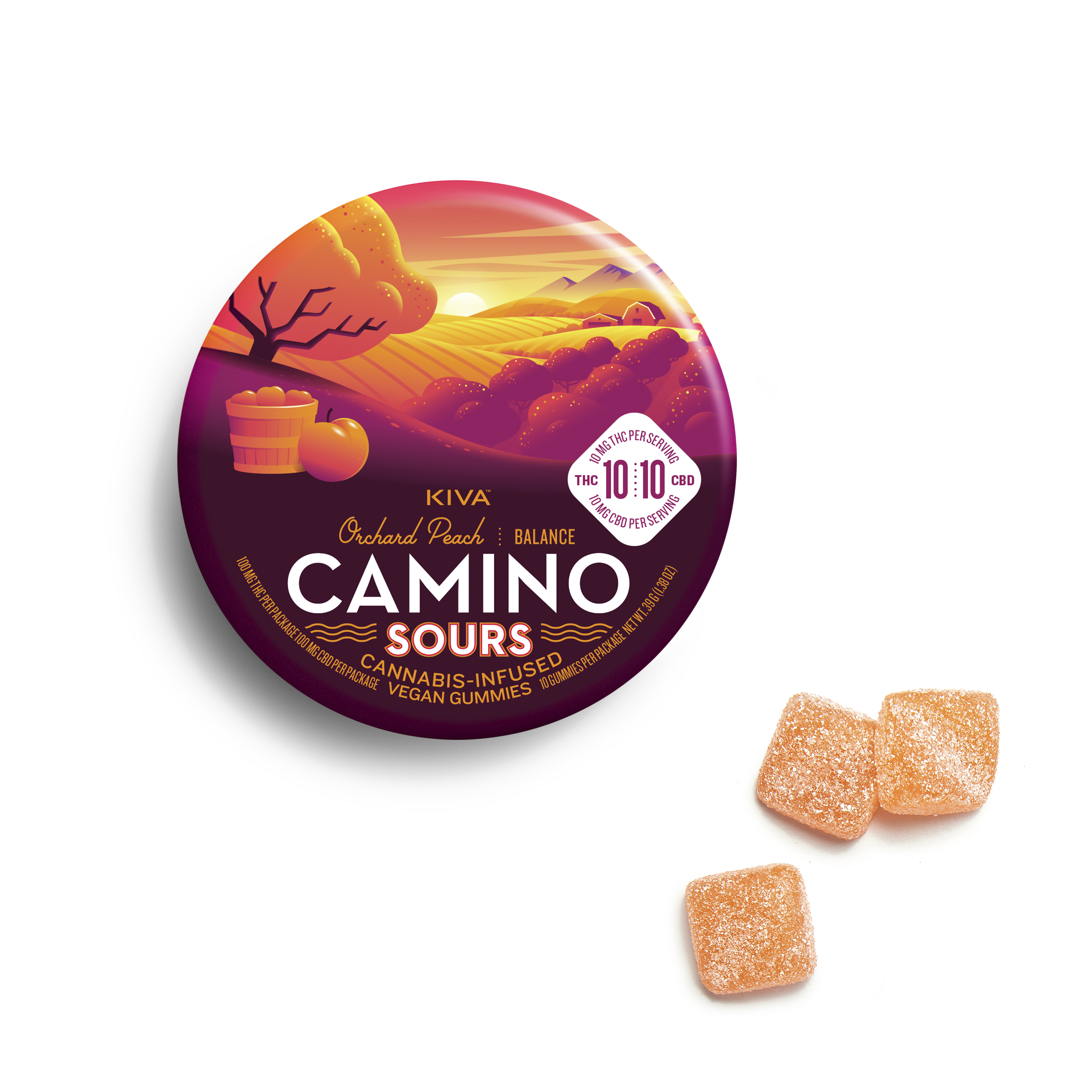 10mg : 10mg CBD Camino Sours 'Balance' Orchard Peach Gummies 100mg THC | 100mg CBD total