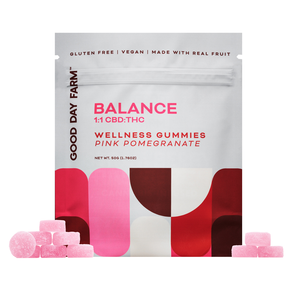 Good Day Farm: BALANCE 1:1 Pink Pomegranate | Wellness Gummies | 10pk | 100mg CBD, 100mg THC