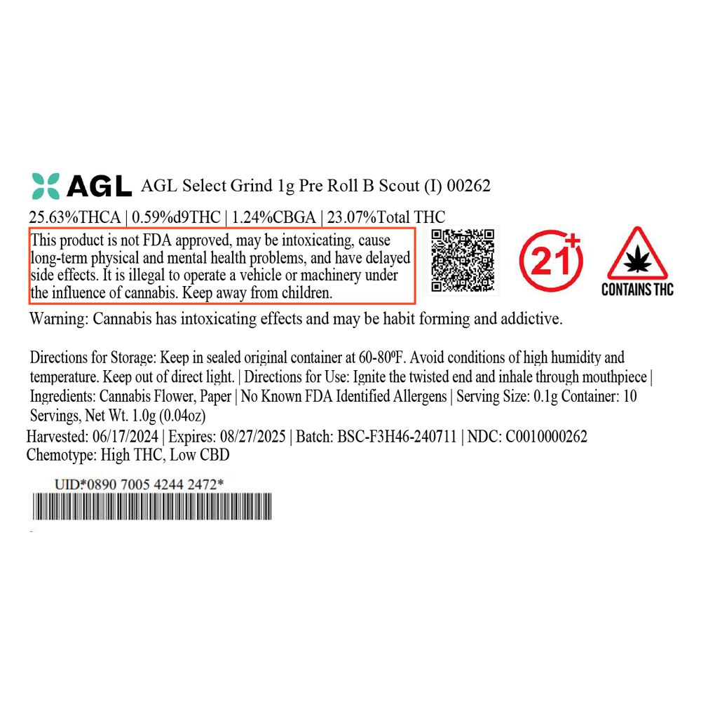 AGL Select Grind 1g Pre Roll B Scout (I) 00262