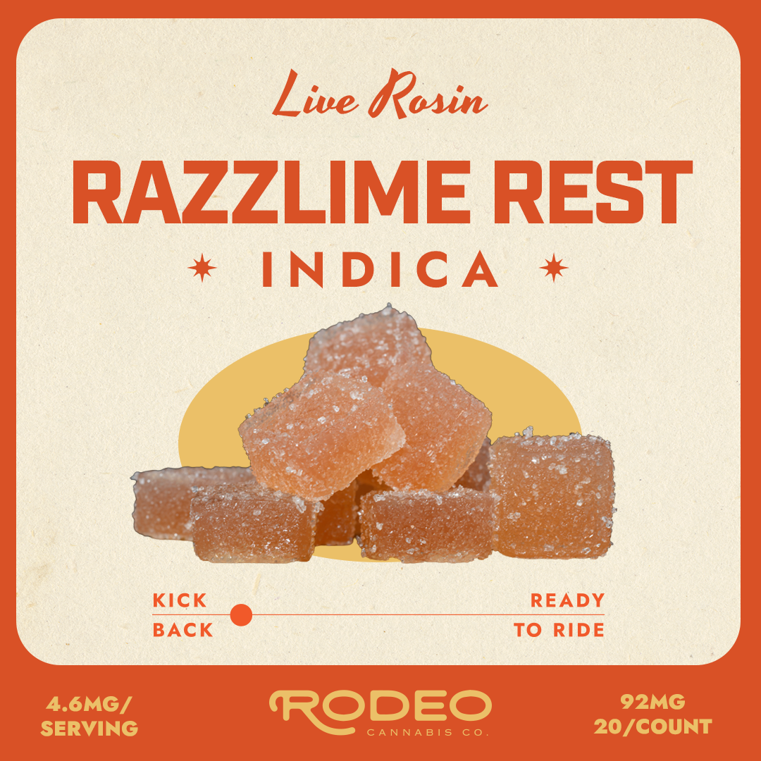 Rodeo Cannabis - RazzLime Rest (I) Live Resin Gummies (4.61mg THC 4.58mg CBN 20pk) C0070000197 Rodeo Cannabis - RazzLime Rest (I) Live Resin Gummies (4.61mg THC 4.58mg CBN 20pk) C0070000197