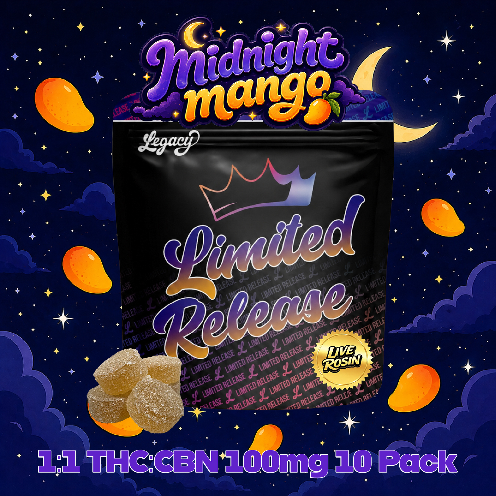 Shop 1:1 THC CBN Midnight Mango [10pk] (100mg CBN/100mg THC) | The