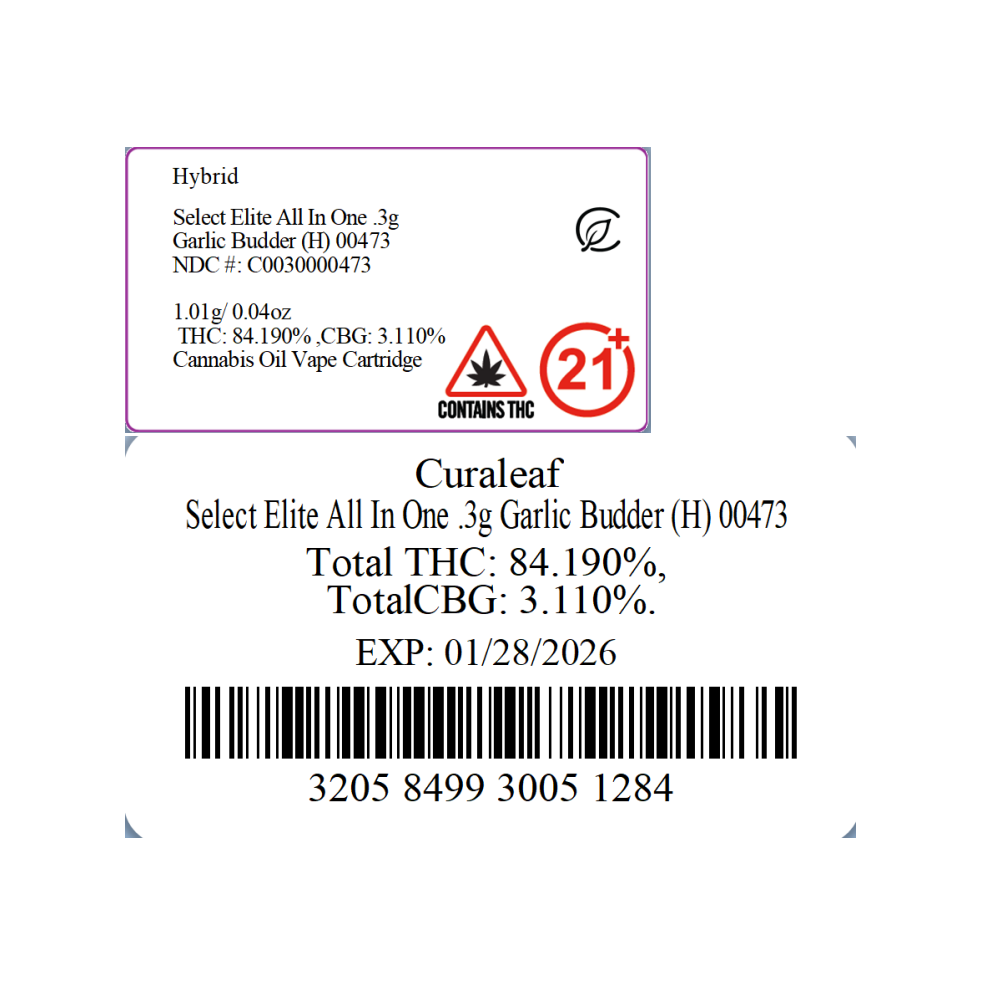 Shop Curaleaf Select Elite All In One .3g Garlic Budder (H) 00473 | Budr -  West Hartford Dispensary West Hartford, CT