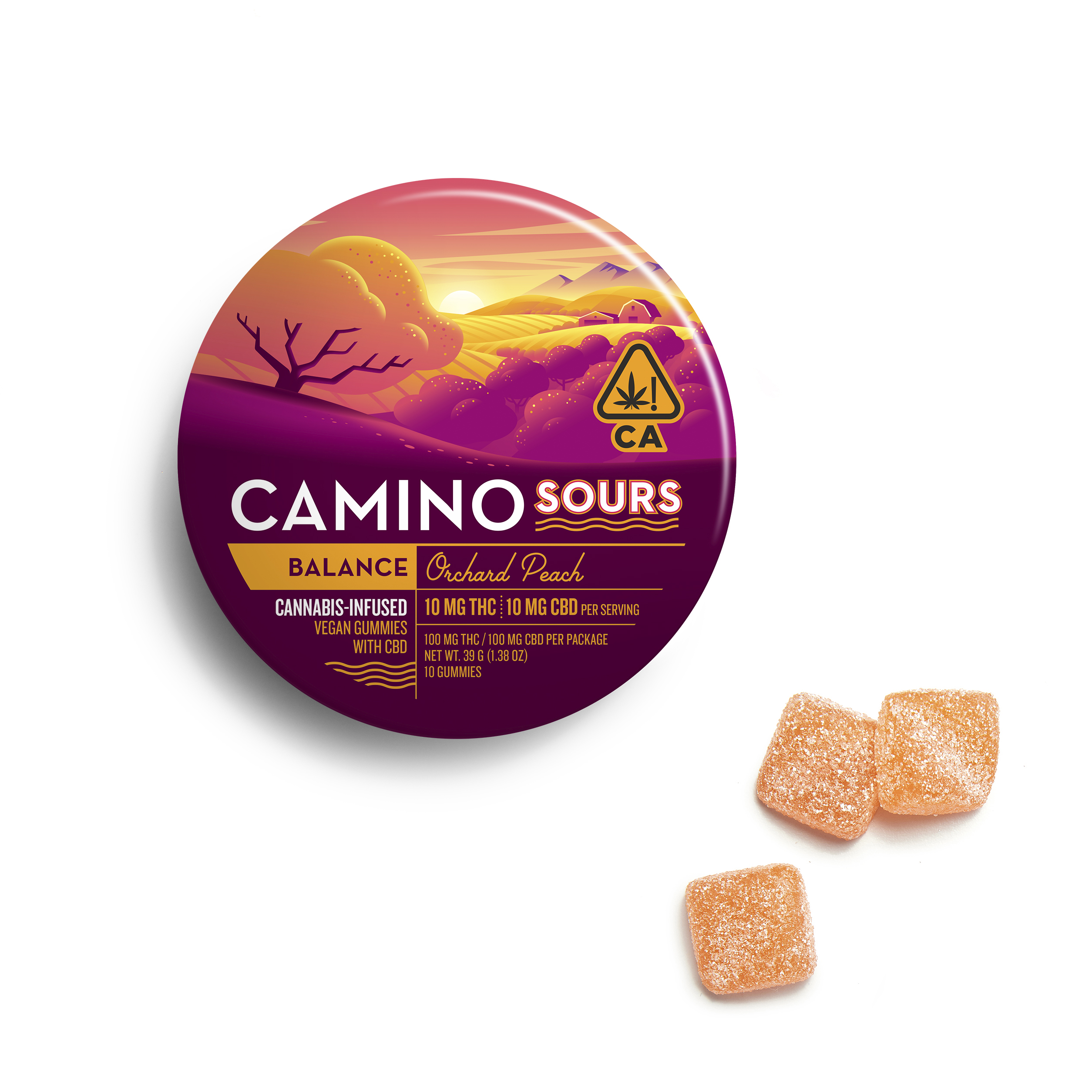 10mg : 10mg CBD Camino Sours 'Balance' Orchard Peach Gummies 100mg THC | 100mg CBD total