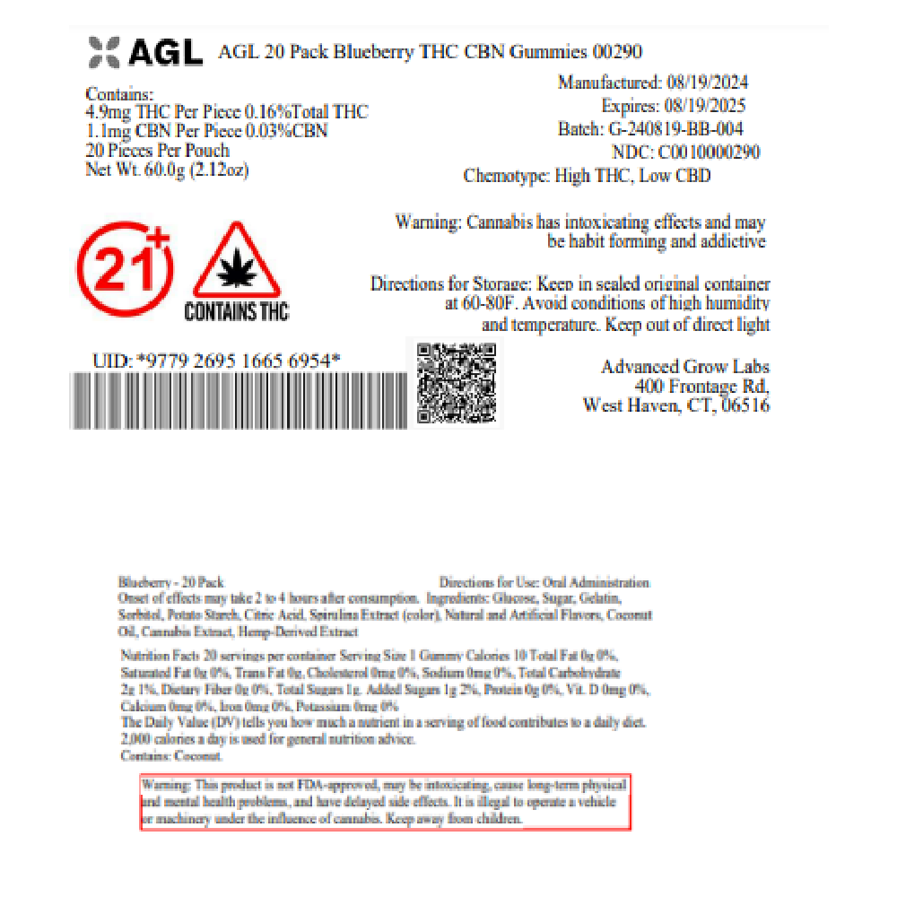 AGL 20 Pack Blueberry THC CBN Gummies 00290