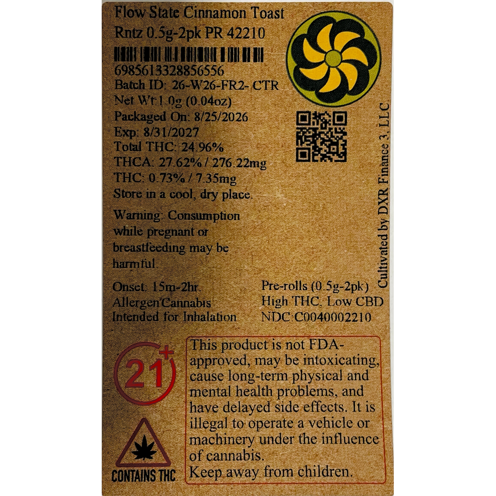 Flow State - Cinnamon Toast Rntz (H) 0.5g Pre-Roll 2pk (1g) C0040002210