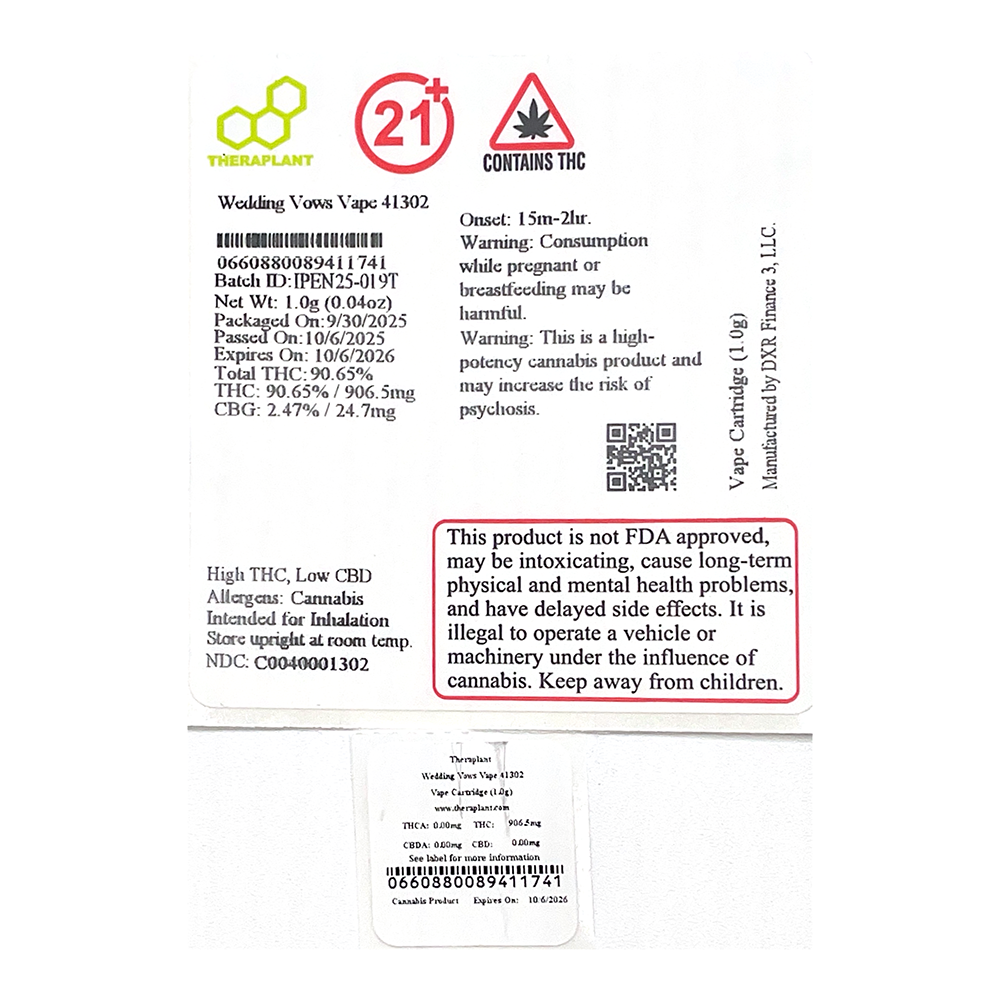 Shop Theraplant Wedding Vows (I) Vape Cartridge C0040001302 | Fine Fettle -  Manchester (Recreational) Dispensary Manchester, CT